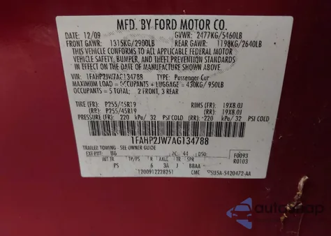 2010 Ford Taurus Limited from USA, damaged, VIN 1FAHP2JW7AG134788